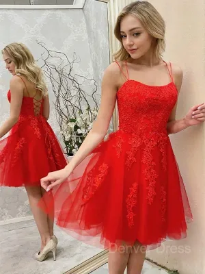 A-Line Spaghetti Straps Short Tulle Homecoming Dresses With Appliques Lace