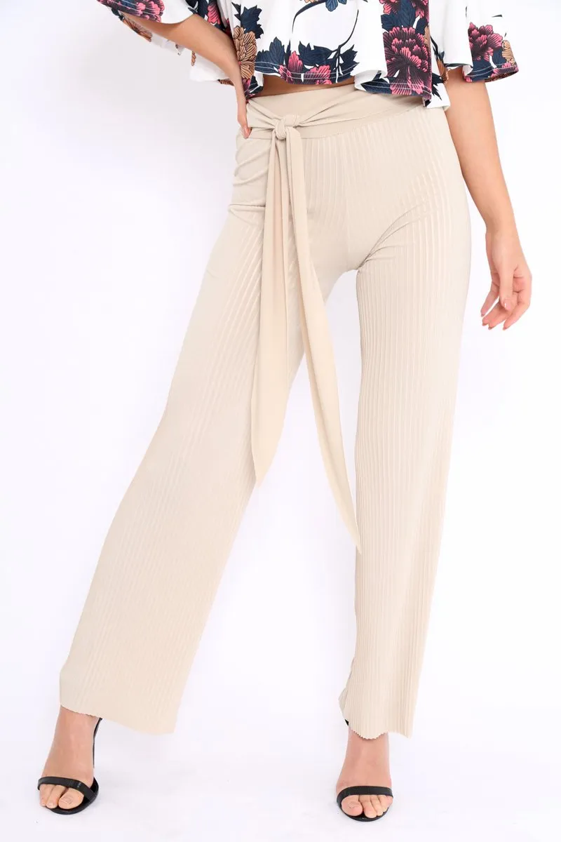 Beige Wide Legged Pleated Trousers - Chantel