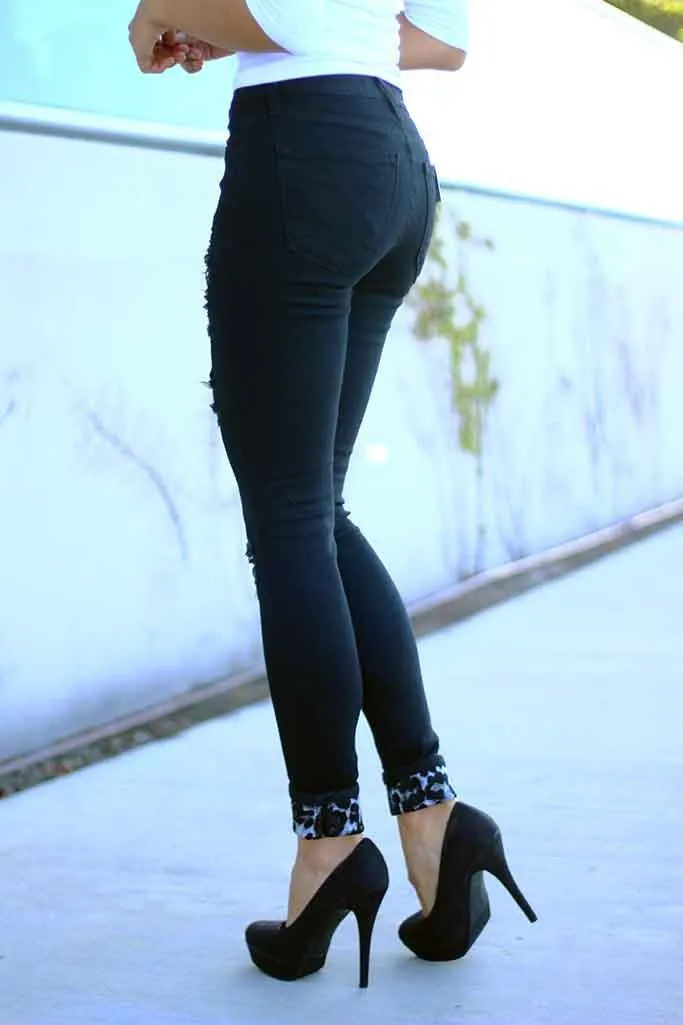 Black And Gray Leopard Patch Distressed Jeans