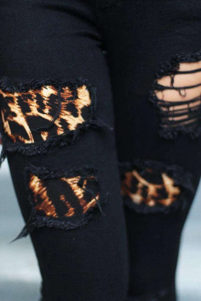 Black Leopard Patch Distressed Jeans