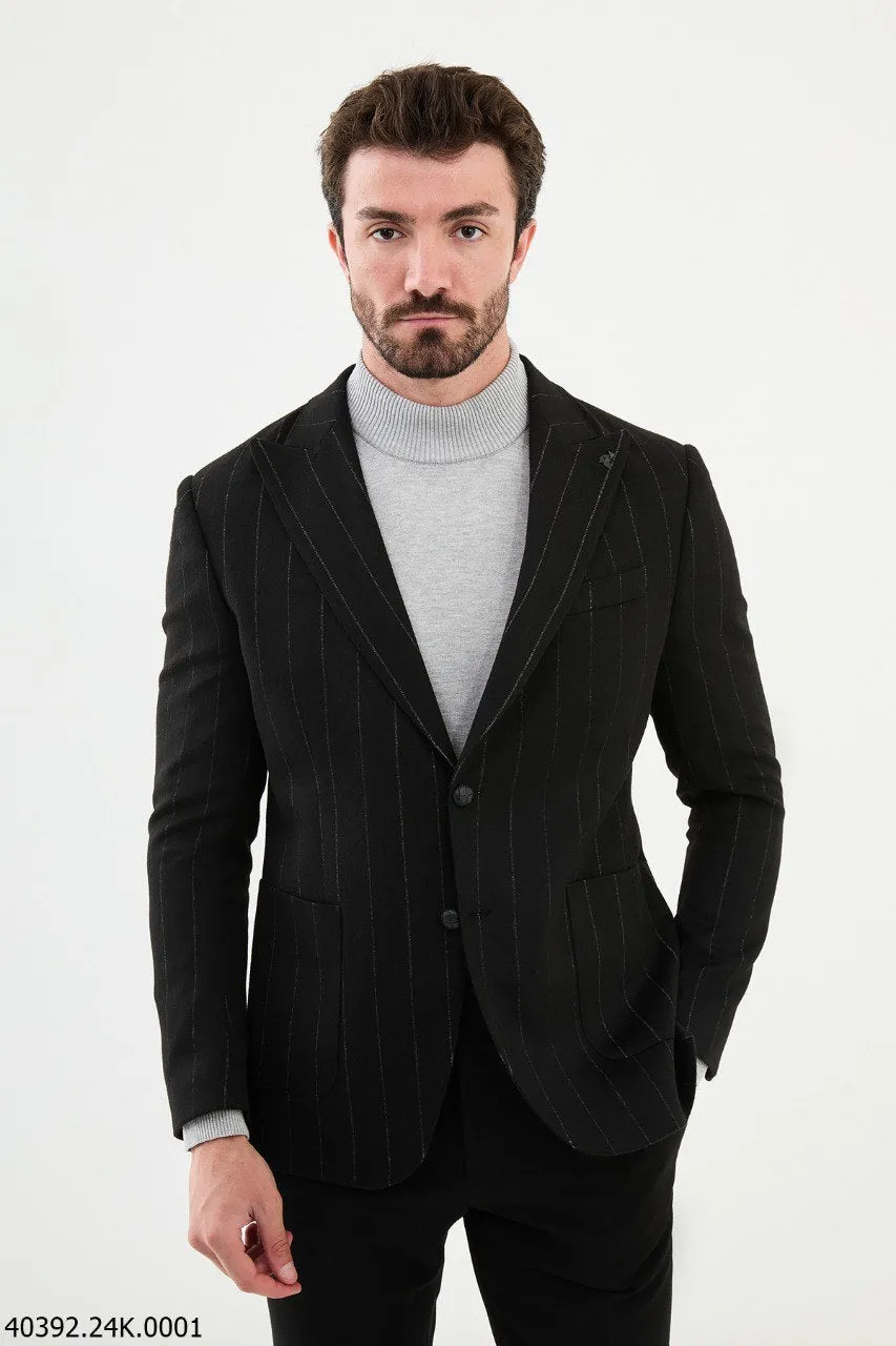 Bojoni Belmonte Slim Fit Black Striped Blazer