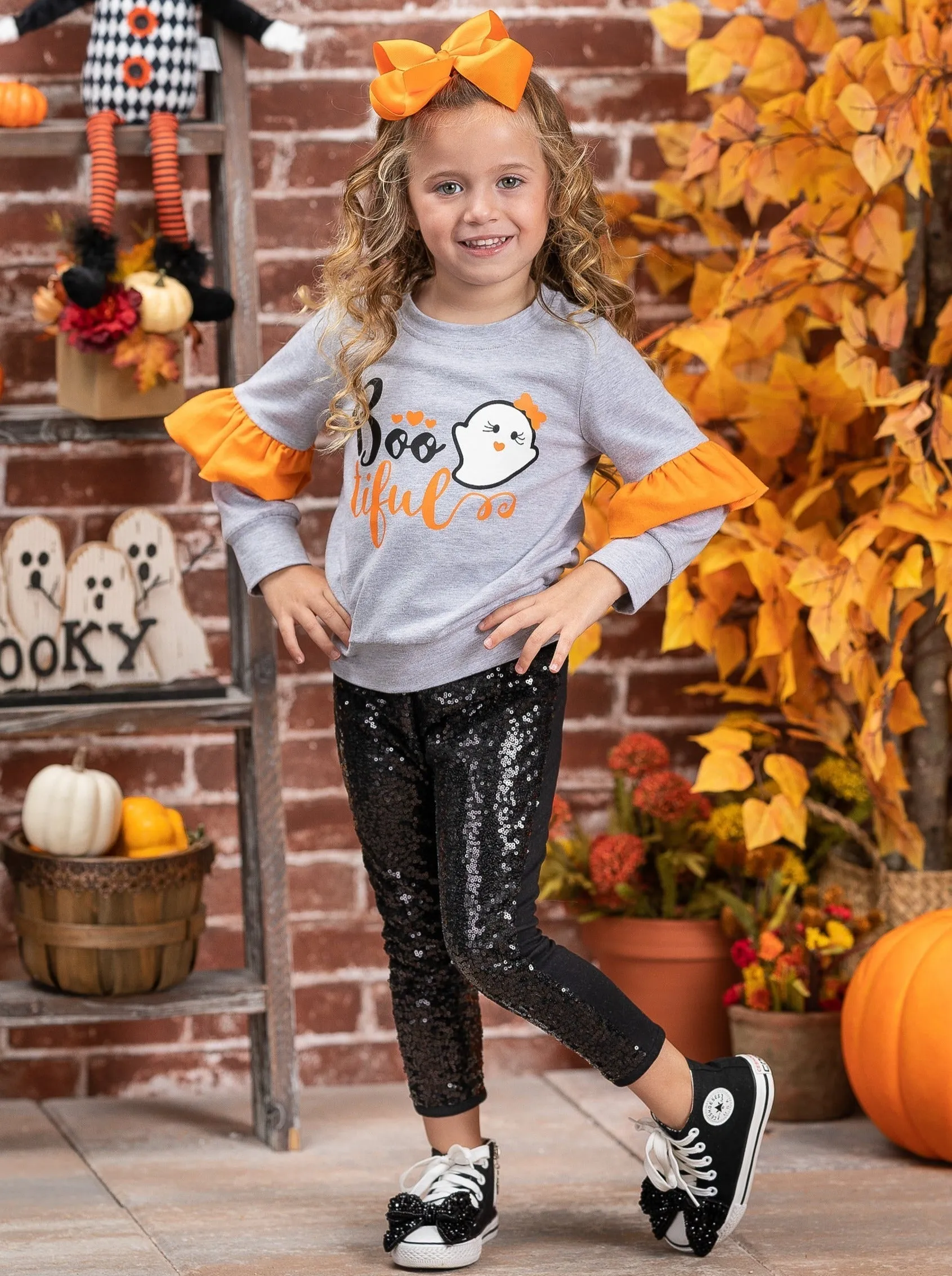 Boo-tiful Ruffle Sleeve Sweater And Sequin Legging Set