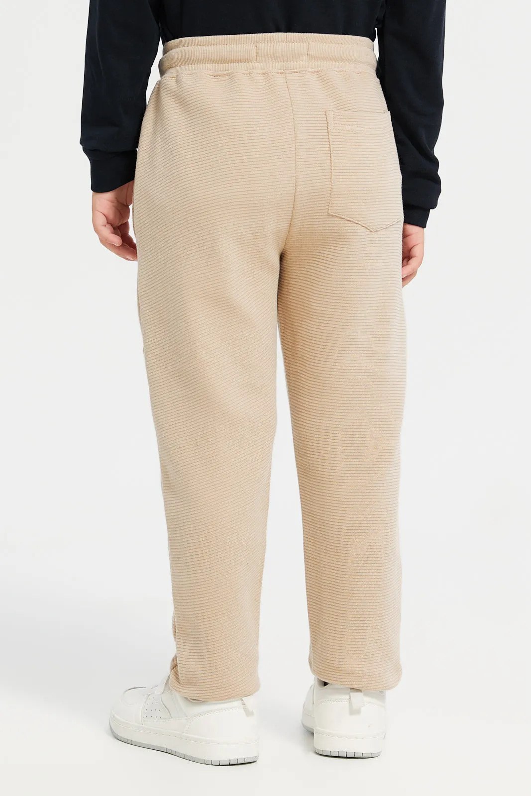 Boys Beige Ribbed Track Pants