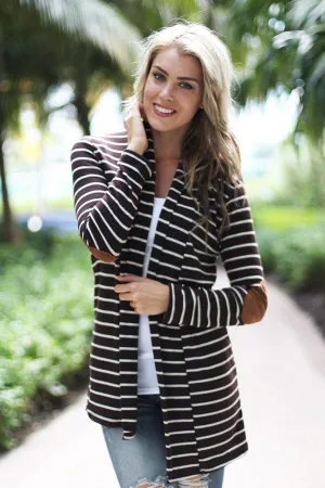 Brown Striped Cardigan With Elbow Patches