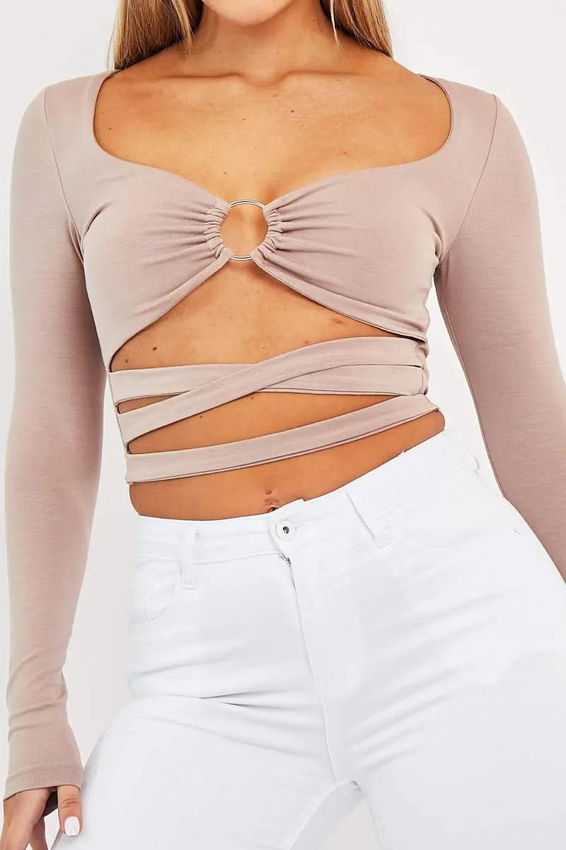 Camel Tie Wrap Front Ring Detail Crop Top - Taylor