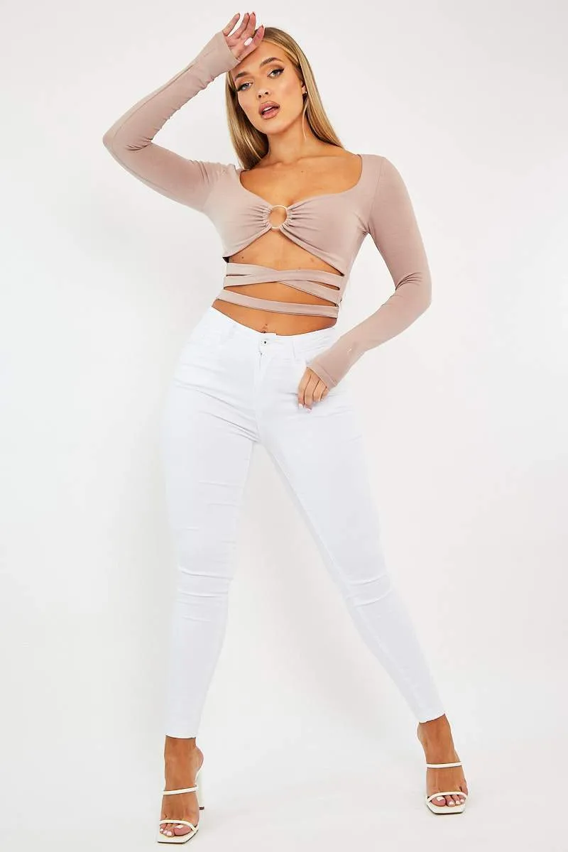 Camel Tie Wrap Front Ring Detail Crop Top - Taylor