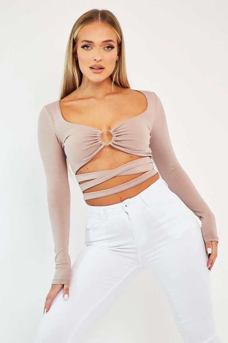 Camel Tie Wrap Front Ring Detail Crop Top - Taylor