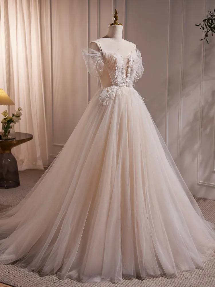 Charming Ivory A-Line Ball Gown Tulle Long Wedding Dresses