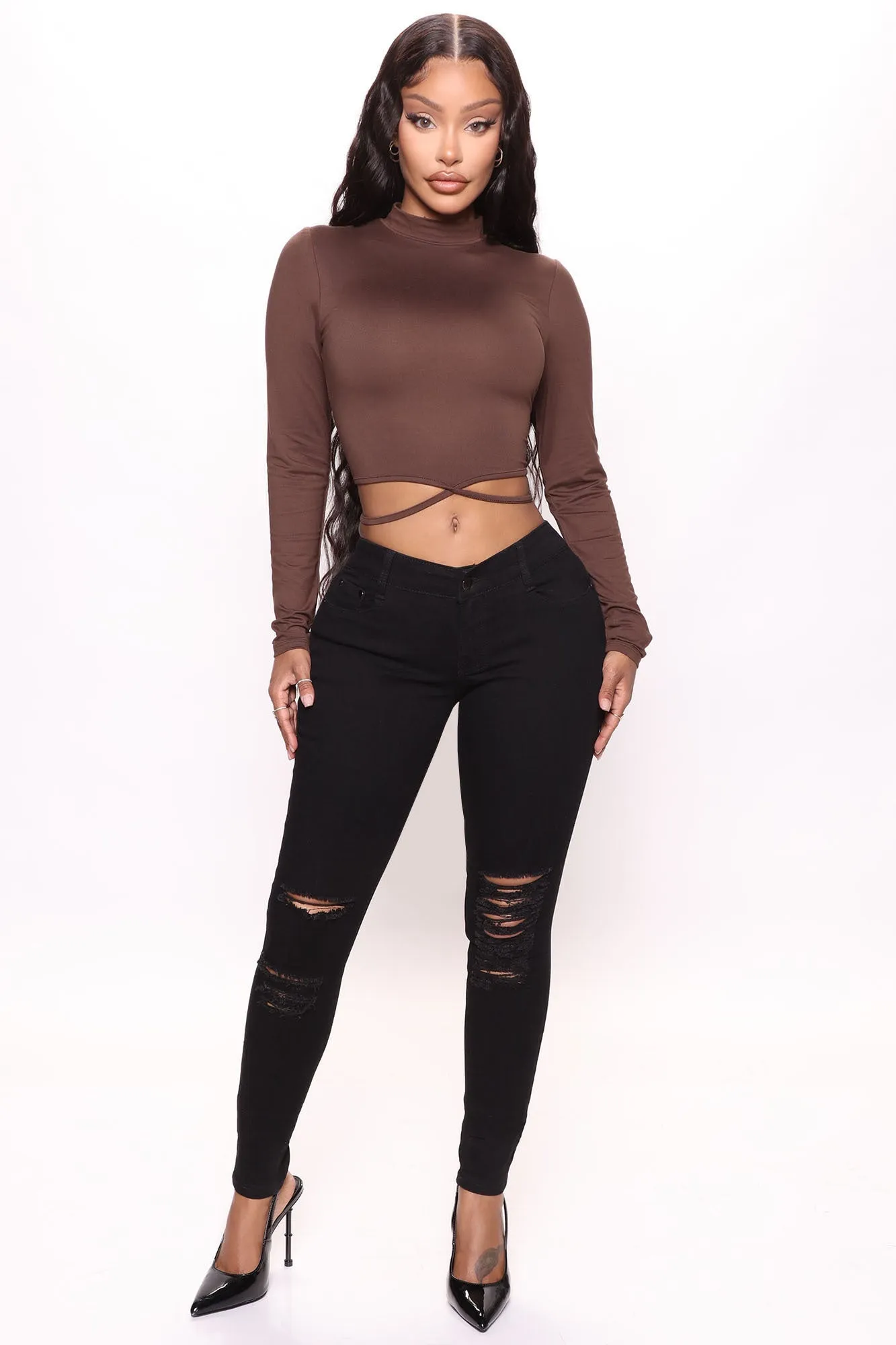 Christina Long Sleeve Crop Top - Chocolate