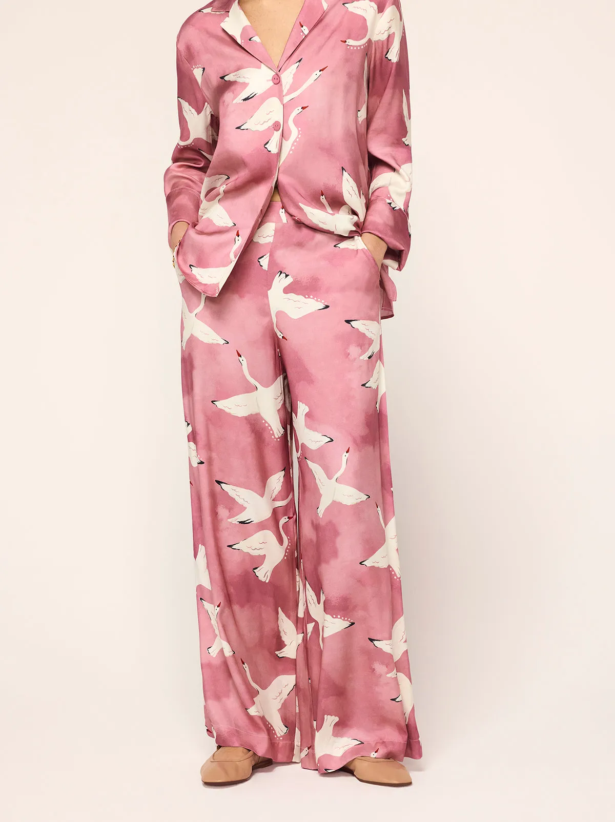 Cosima Pink Swans Print Trousers