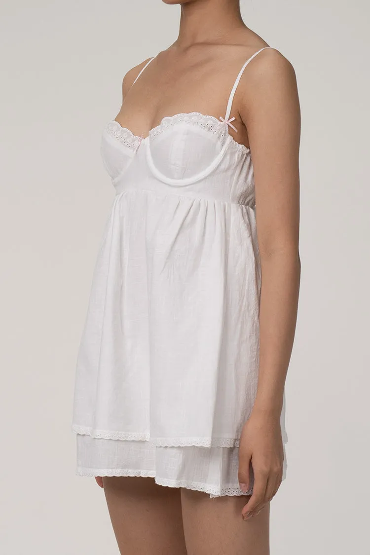 Cute Bow Broderie Anglaise Bustier Tiered Babydoll Mini Summer Sundress