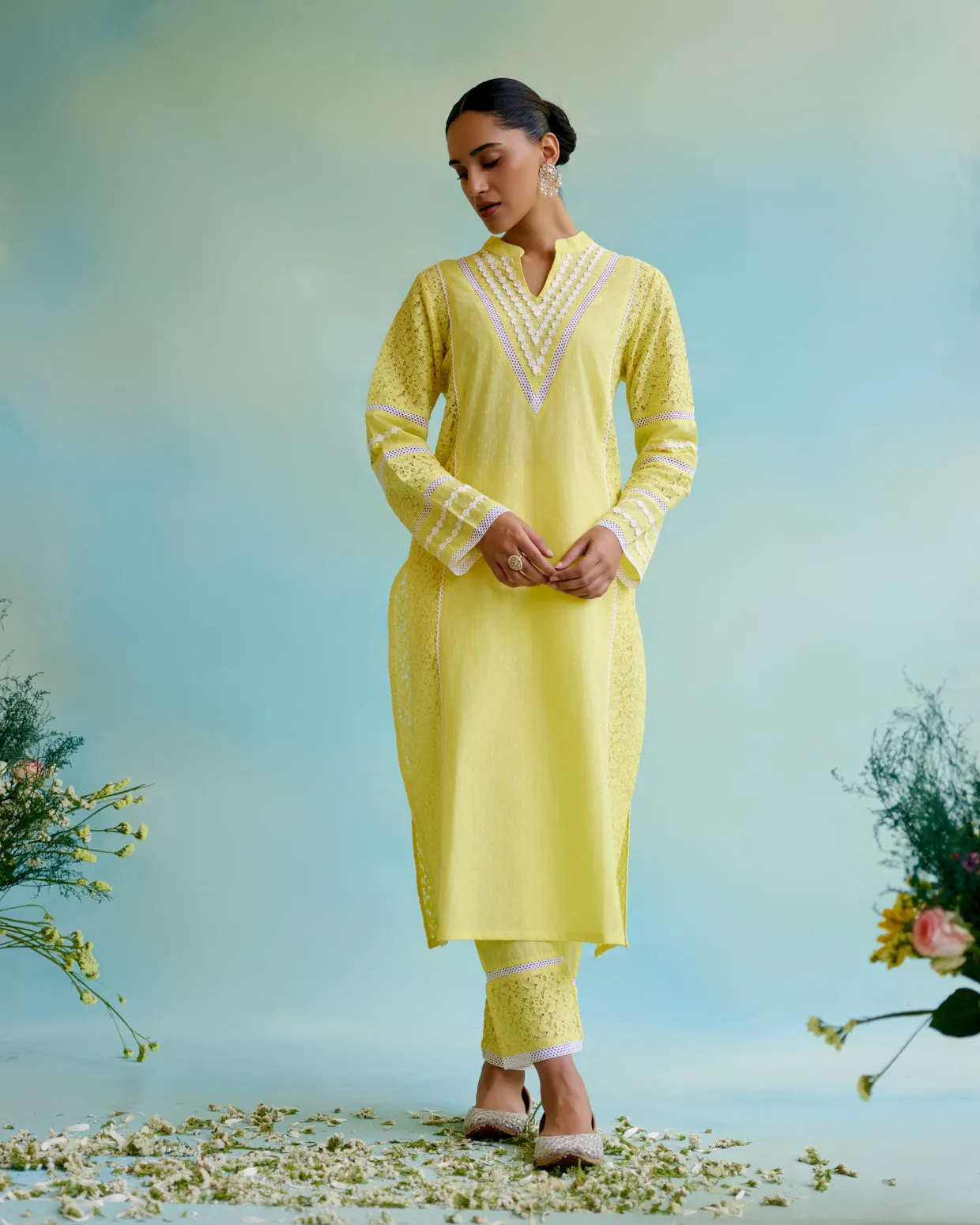 Daylily Kurta in Cotton Dobby and Schiffli fabric with Delicate Lace Detaling with Narrow Pants