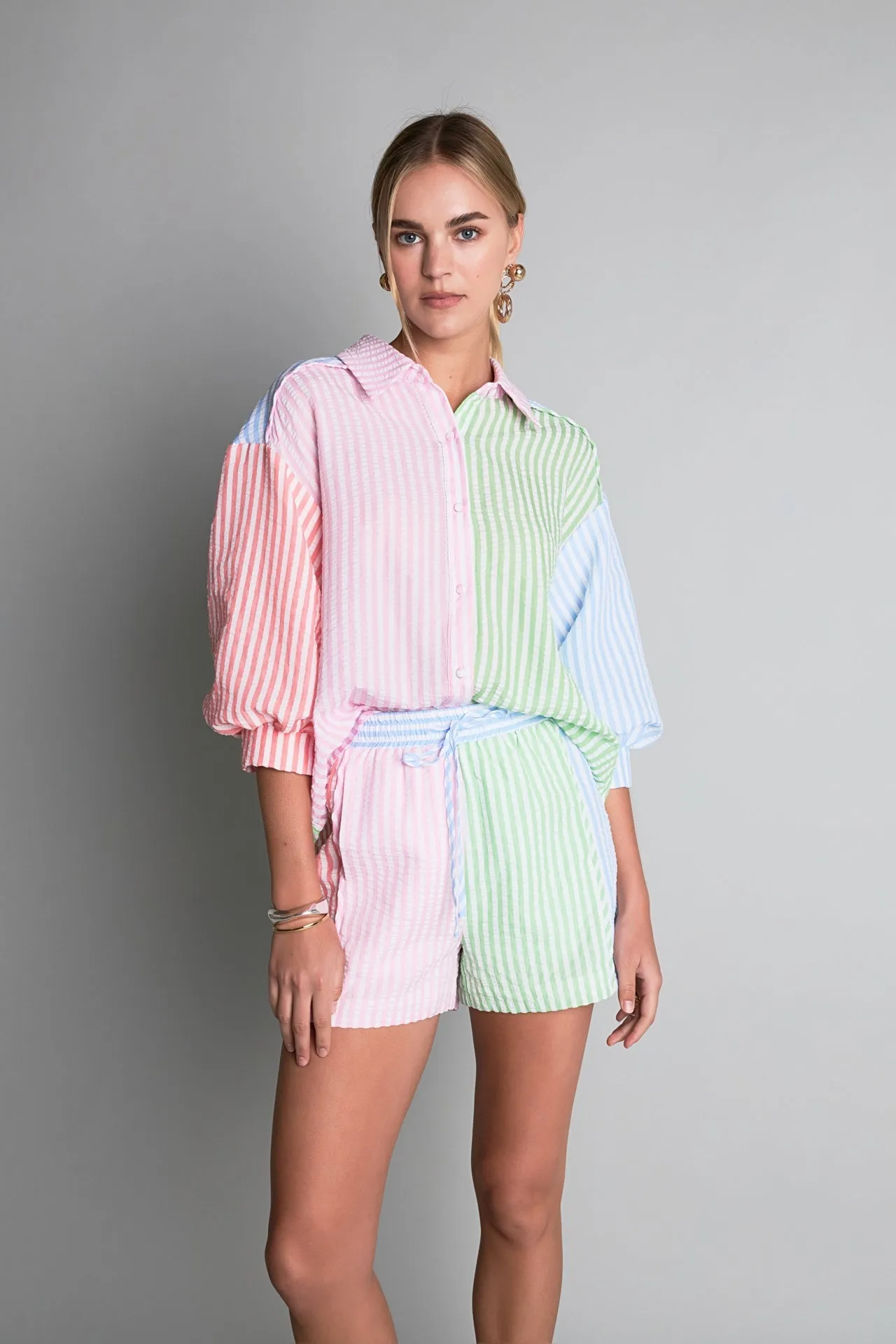 English Factory - Seersucker Striped Colorblock Shorts