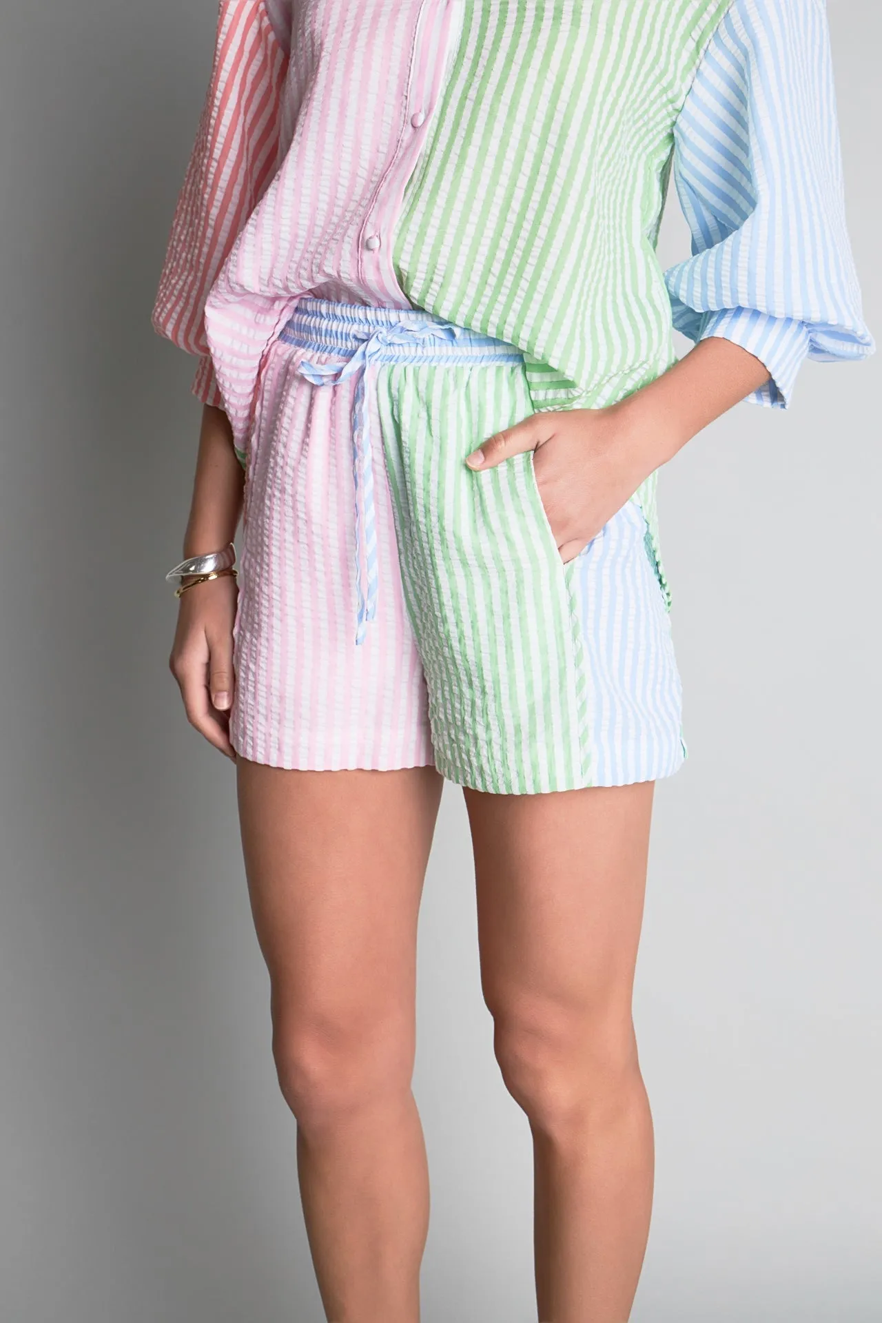 English Factory - Seersucker Striped Colorblock Shorts