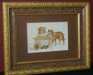 EPHEMERA AMERICANA WHIMSICAL ART: 1887 FRAMED & MATTED, ANTIQUE VICTORIAN ADVERTISING TRADE CARD: J.& P. Coats, GIRL & PET DOG GOLDEN RETRIEVER (DFPO2L) DESIGNER COLLECTOR COLLECTIBLE DELIGHTFUL WALL DÉCOR AD GOLDEN RETRIEVER (DFPO2L)