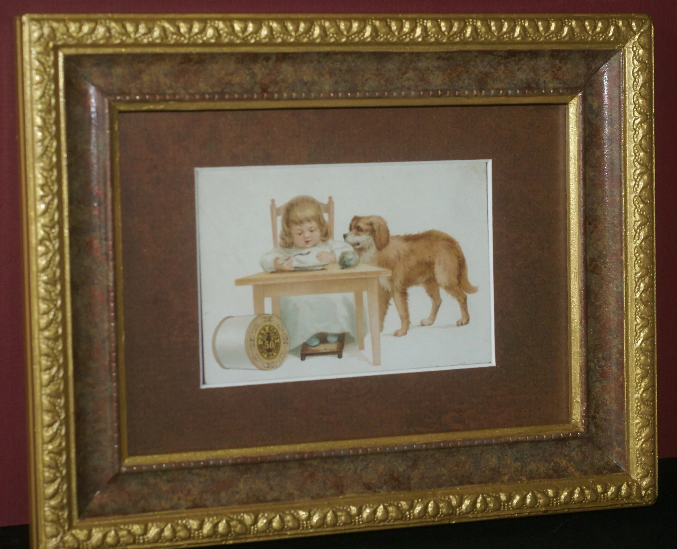 EPHEMERA AMERICANA WHIMSICAL ART: 1887 FRAMED & MATTED, ANTIQUE VICTORIAN ADVERTISING TRADE CARD: J.& P. Coats, GIRL & PET DOG GOLDEN RETRIEVER (DFPO2L) DESIGNER COLLECTOR COLLECTIBLE DELIGHTFUL WALL DÉCOR AD GOLDEN RETRIEVER (DFPO2L)