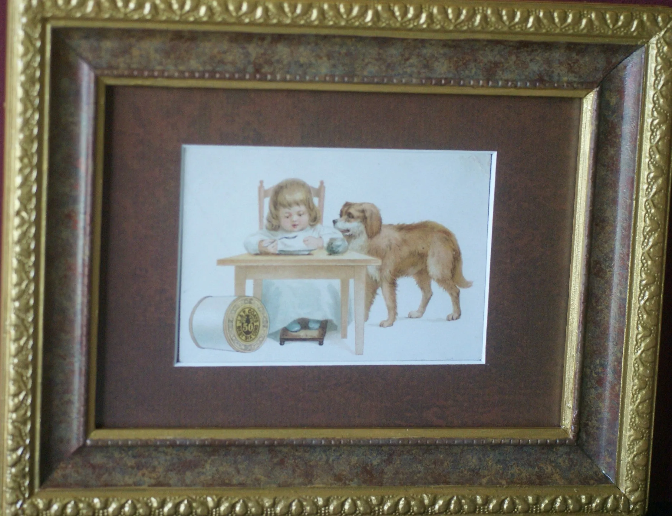 EPHEMERA AMERICANA WHIMSICAL ART: 1887 FRAMED & MATTED, ANTIQUE VICTORIAN ADVERTISING TRADE CARD: J.& P. Coats, GIRL & PET DOG GOLDEN RETRIEVER (DFPO2L) DESIGNER COLLECTOR COLLECTIBLE DELIGHTFUL WALL DÉCOR AD GOLDEN RETRIEVER (DFPO2L)