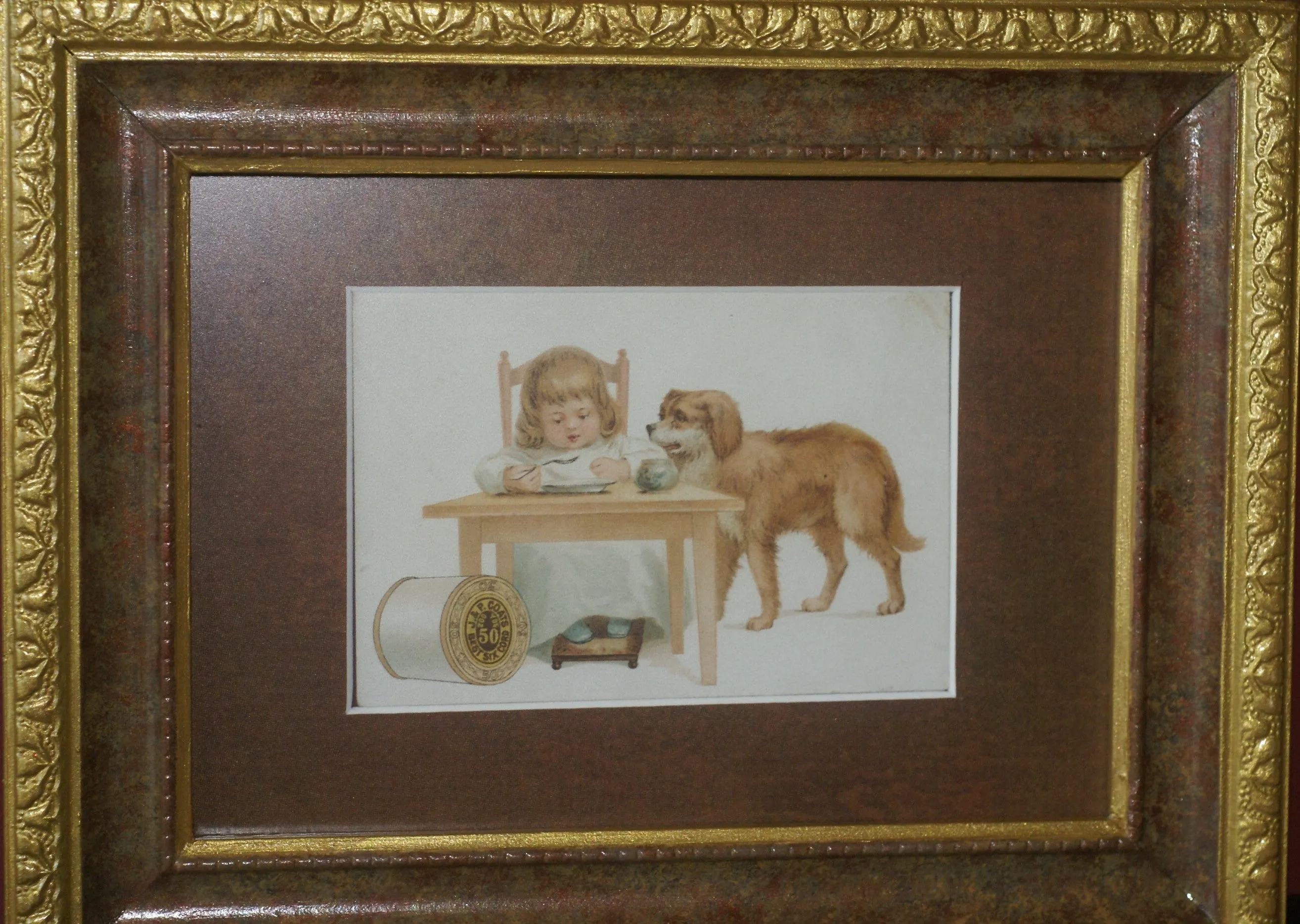 EPHEMERA AMERICANA WHIMSICAL ART: 1887 FRAMED & MATTED, ANTIQUE VICTORIAN ADVERTISING TRADE CARD: J.& P. Coats, GIRL & PET DOG GOLDEN RETRIEVER (DFPO2L) DESIGNER COLLECTOR COLLECTIBLE DELIGHTFUL WALL DÉCOR AD GOLDEN RETRIEVER (DFPO2L)