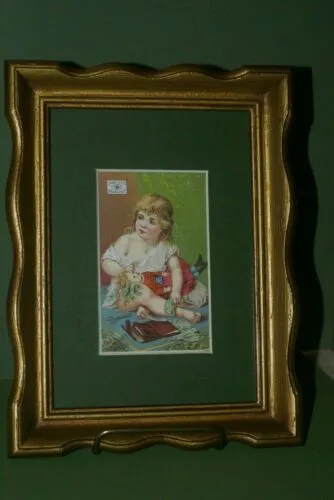 EPHEMERA AMERICANA WHIMSICAL ART: 1887 FRAMED & MATTED, ANTIQUE VICTORIAN ADVERTISING TRADE CARD: J.& P. Coats, GIRL & PET DOG GOLDEN RETRIEVER (DFPO2L) DESIGNER COLLECTOR COLLECTIBLE DELIGHTFUL WALL DÉCOR AD GOLDEN RETRIEVER (DFPO2L)