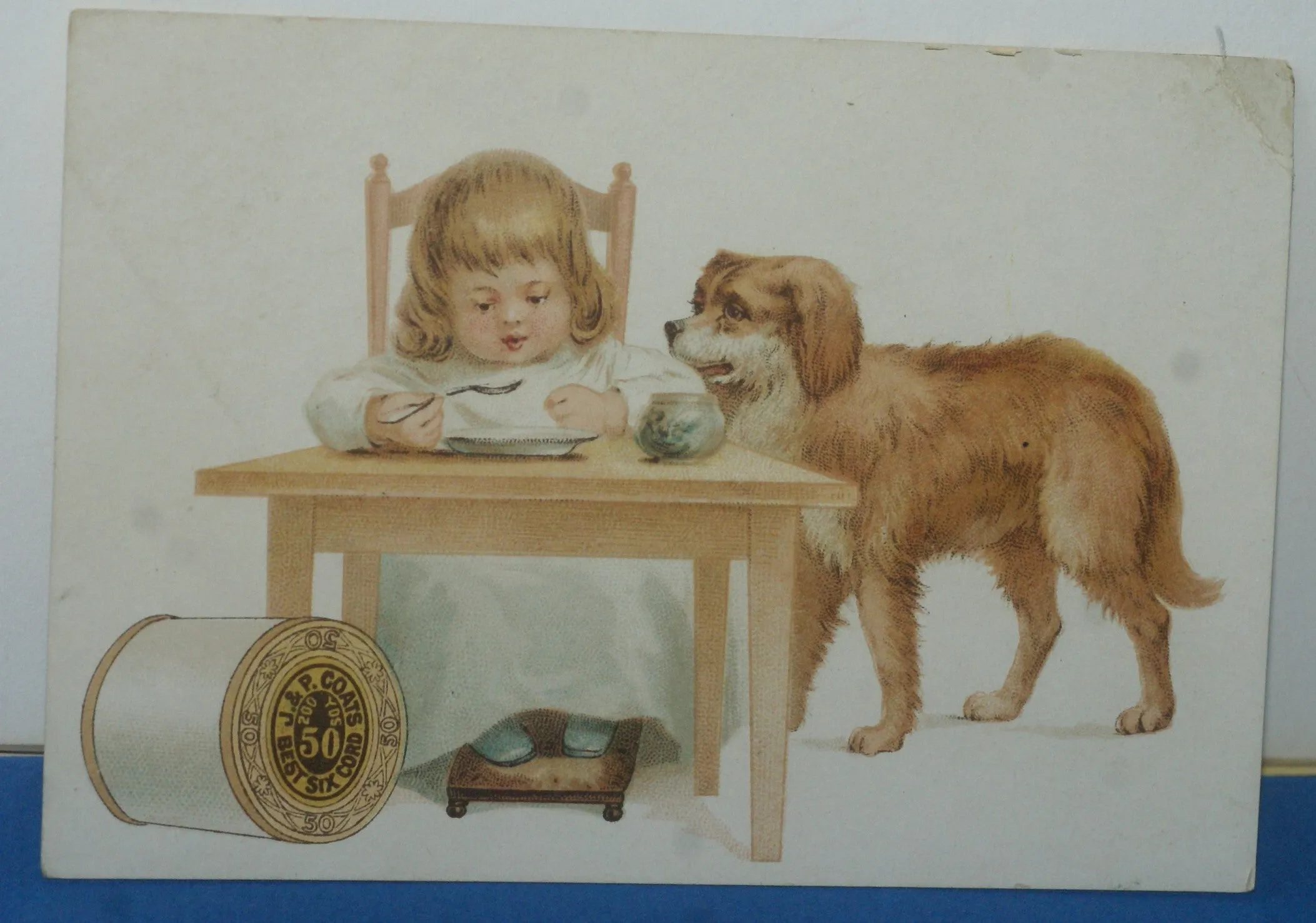 EPHEMERA AMERICANA WHIMSICAL ART: 1887 FRAMED & MATTED, ANTIQUE VICTORIAN ADVERTISING TRADE CARD: J.& P. Coats, GIRL & PET DOG GOLDEN RETRIEVER (DFPO2L) DESIGNER COLLECTOR COLLECTIBLE DELIGHTFUL WALL DÉCOR AD GOLDEN RETRIEVER (DFPO2L)