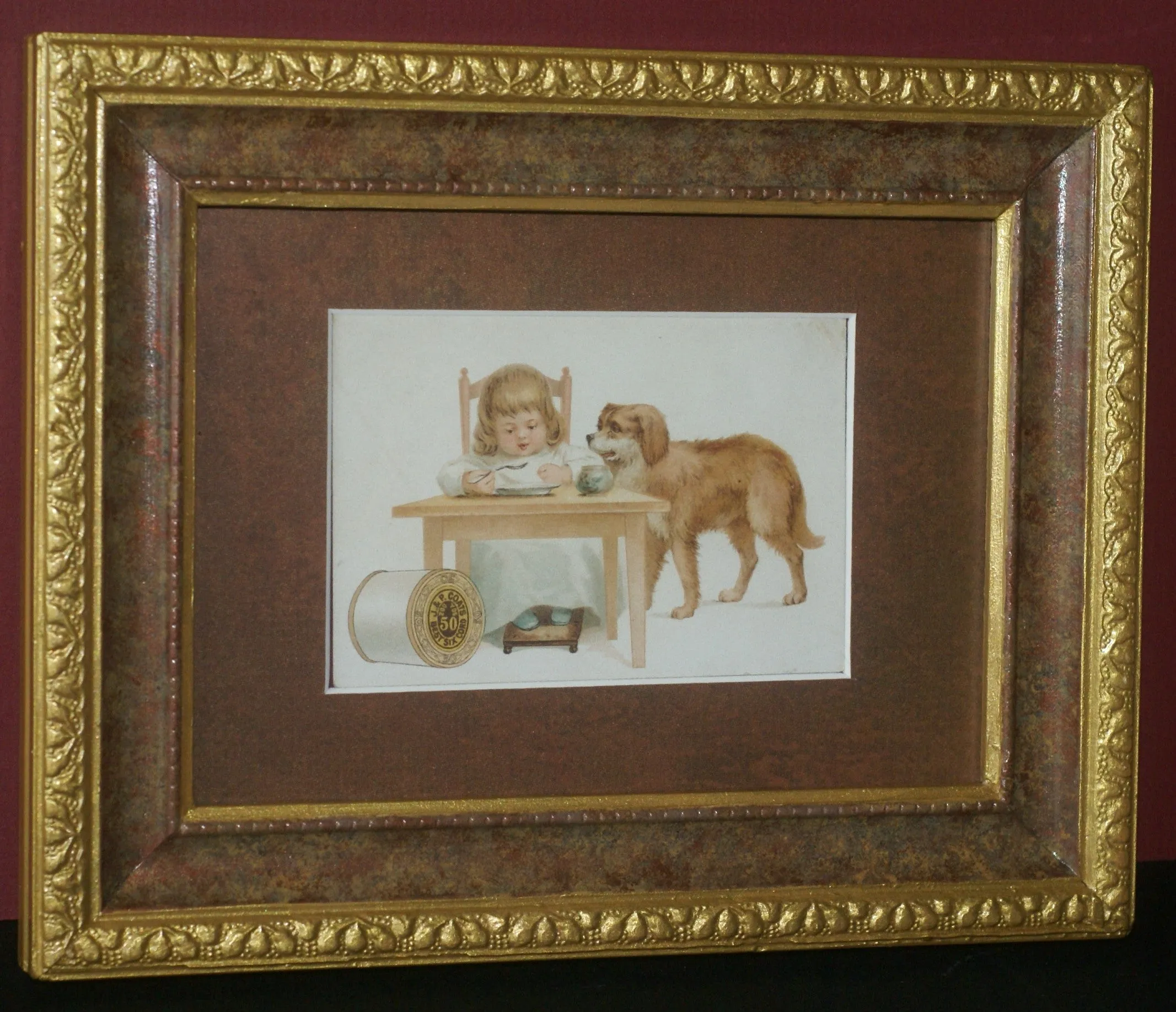 EPHEMERA AMERICANA WHIMSICAL ART: 1887 FRAMED & MATTED, ANTIQUE VICTORIAN ADVERTISING TRADE CARD: J.& P. Coats, GIRL & PET DOG GOLDEN RETRIEVER (DFPO2L) DESIGNER COLLECTOR COLLECTIBLE DELIGHTFUL WALL DÉCOR AD GOLDEN RETRIEVER (DFPO2L)