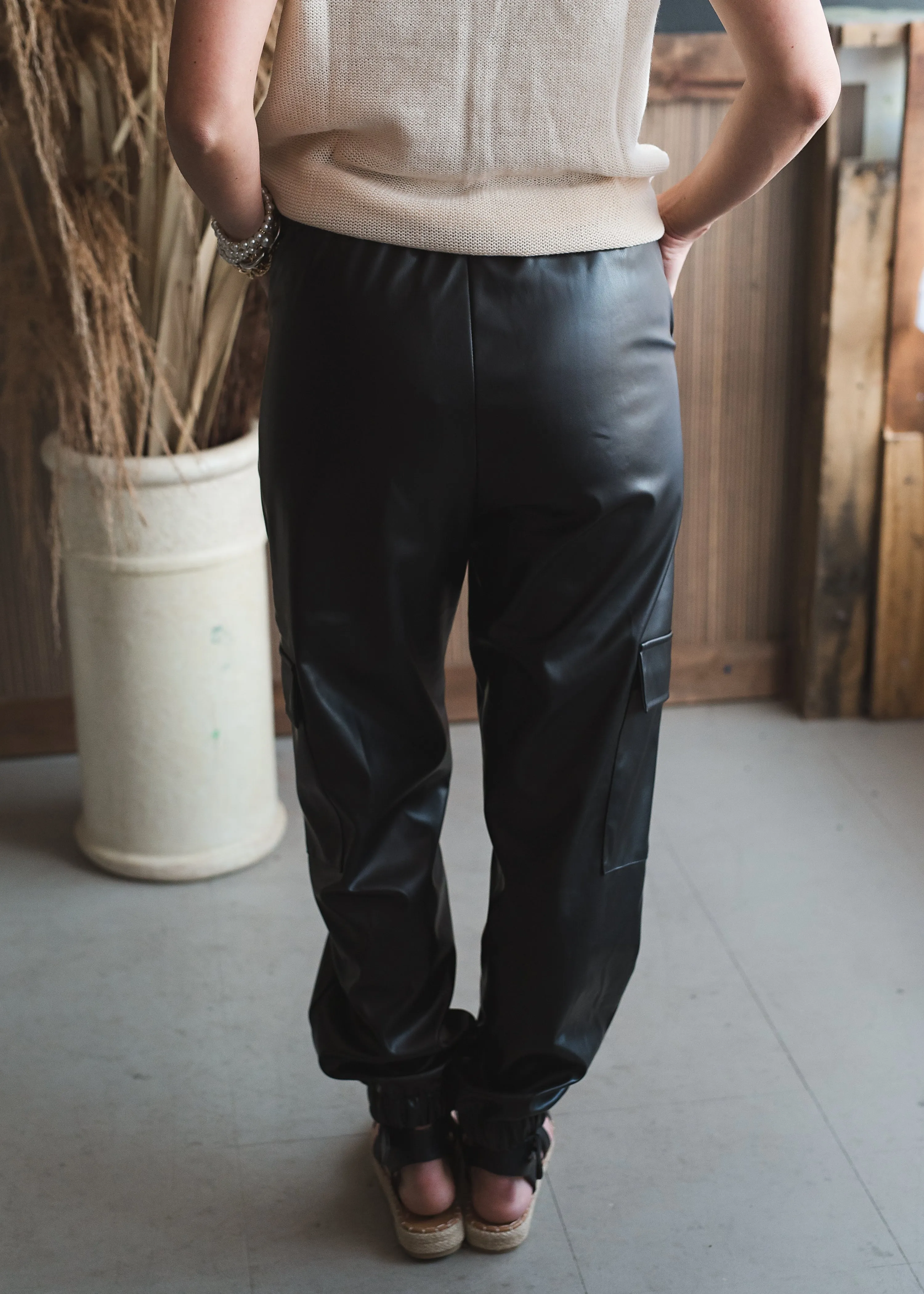 Faux Leather Joggers - Black