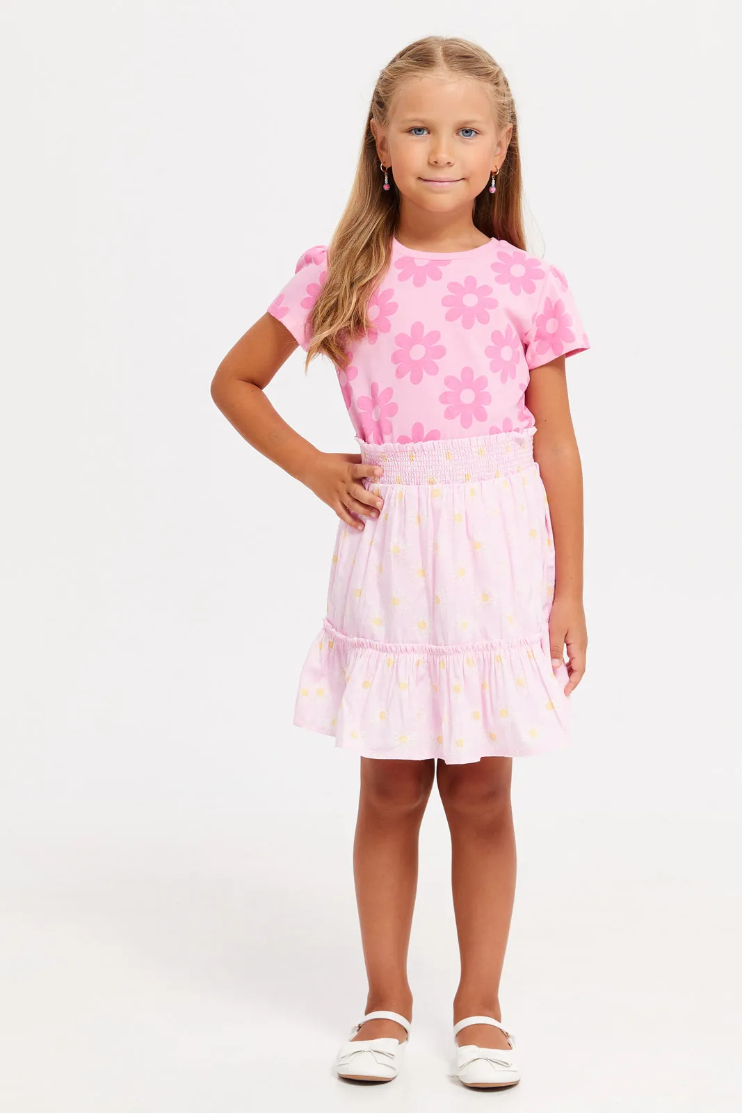 Girls Pink Printed Tiered Skirt