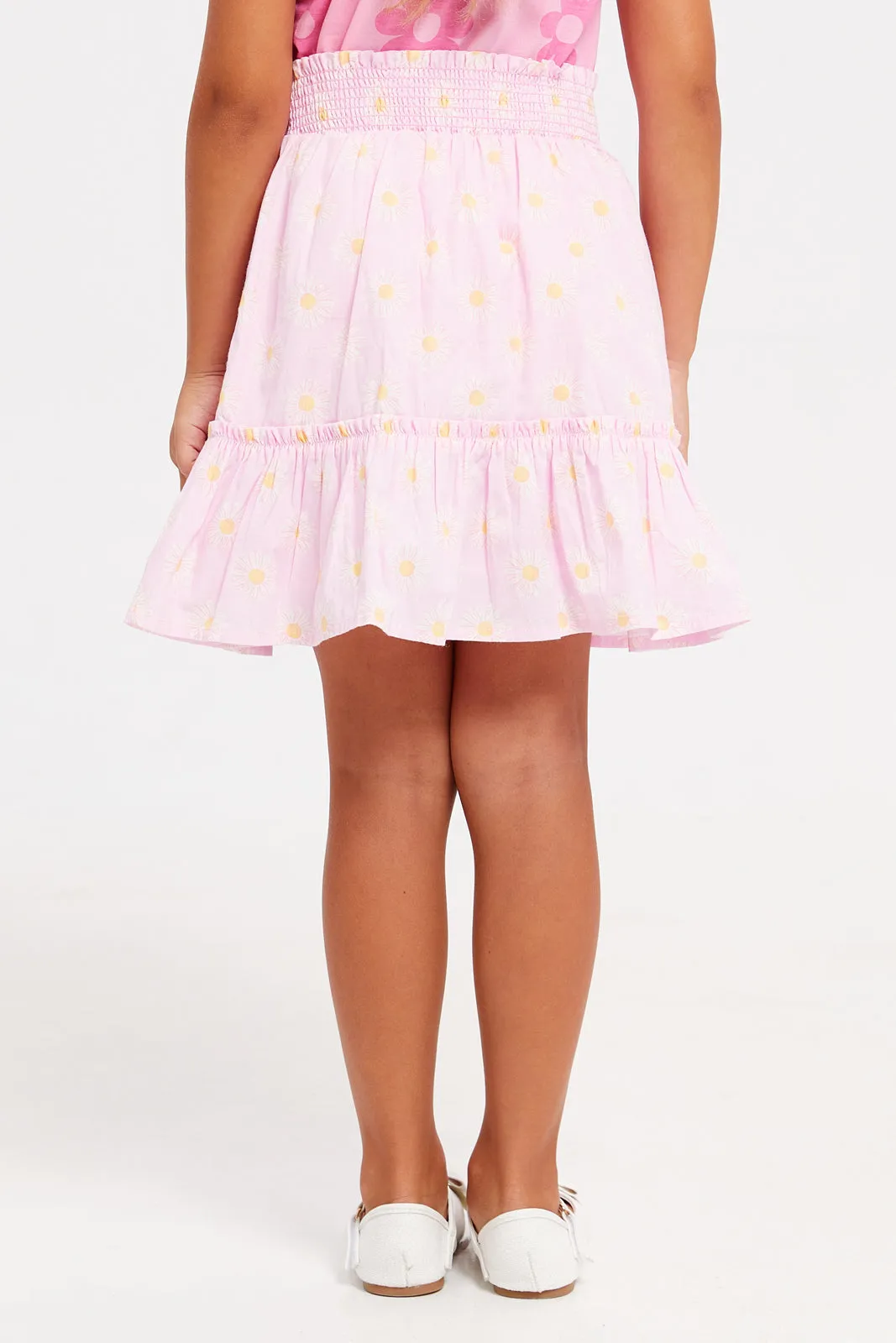 Girls Pink Printed Tiered Skirt