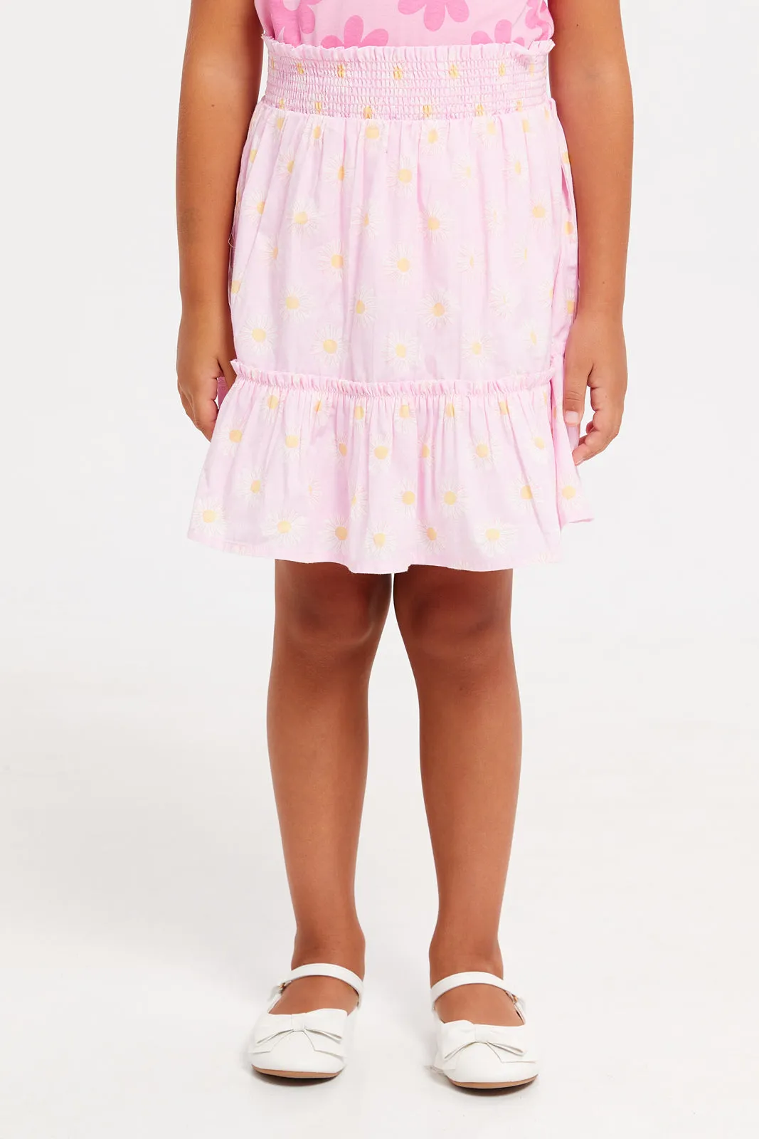 Girls Pink Printed Tiered Skirt