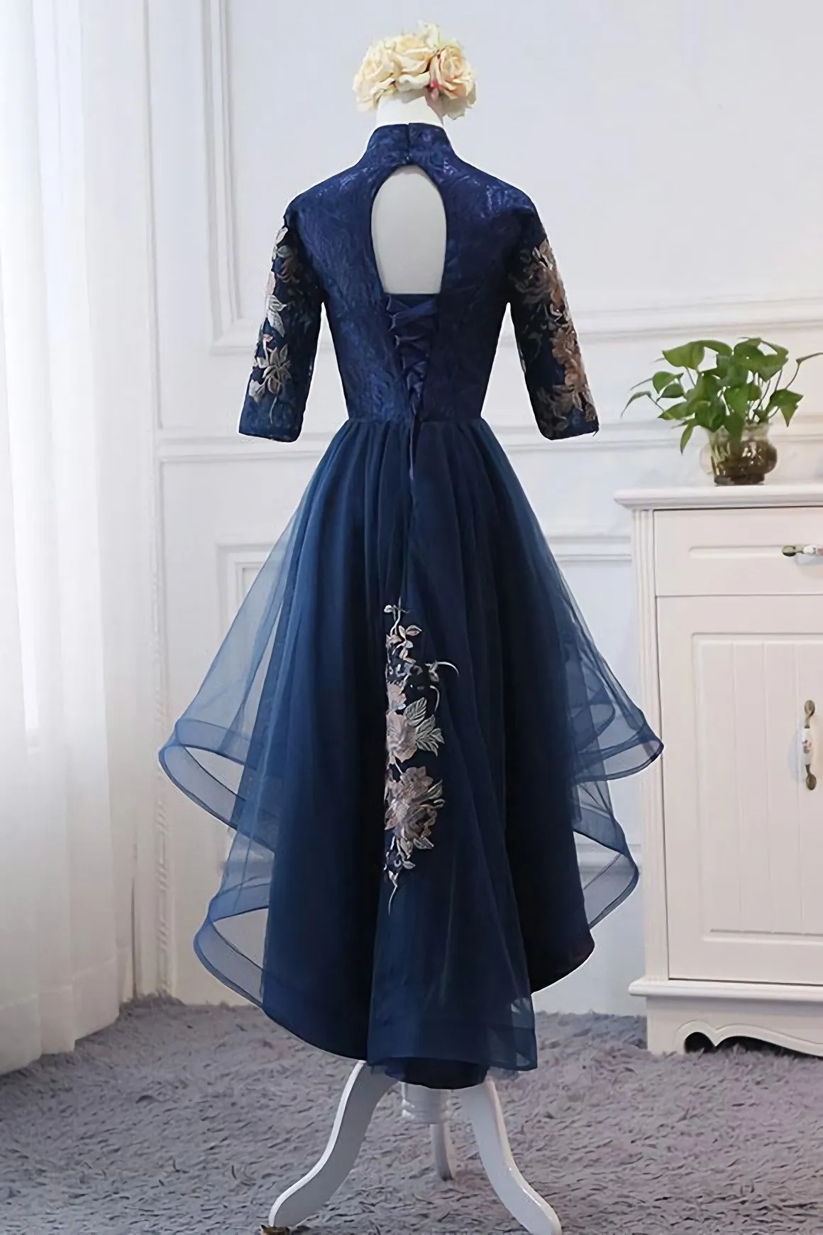 High Neck High Low Dark Navy Half Sleeve Tulle Homecoming Dresses With Appliques H1036