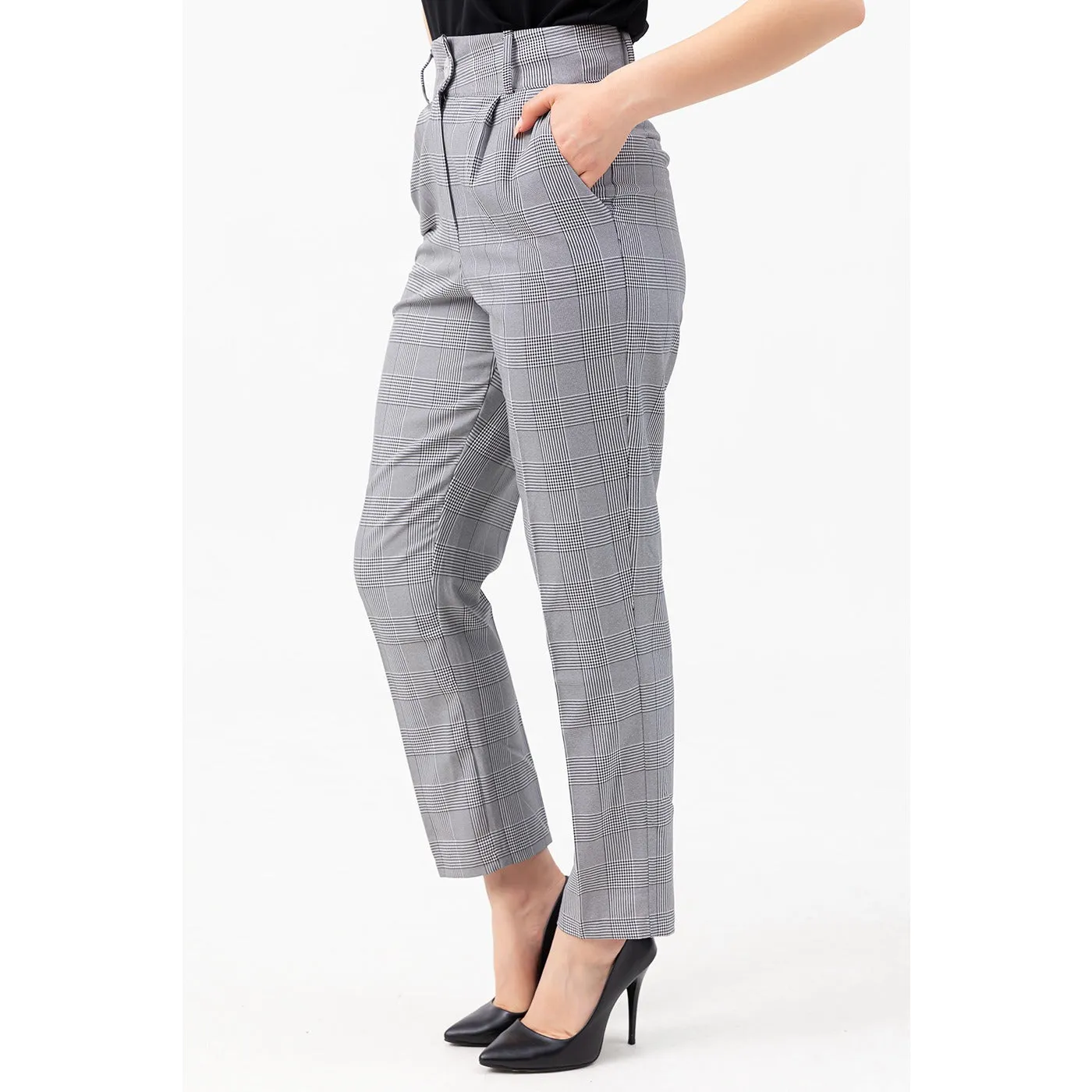 High Waist Plaid Brown Trousers