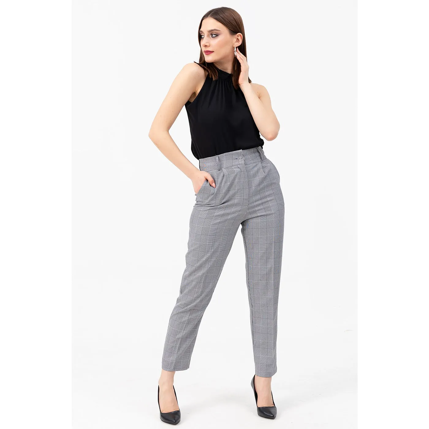 High Waist Plaid Brown Trousers