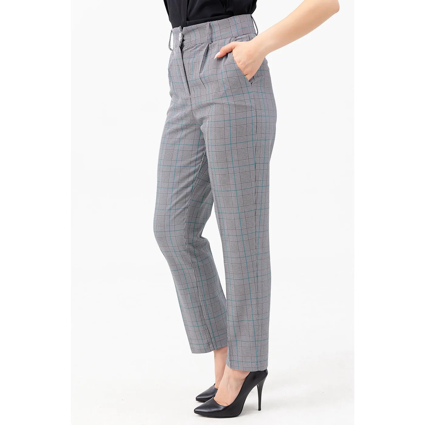 High Waist Plaid Green Trousers