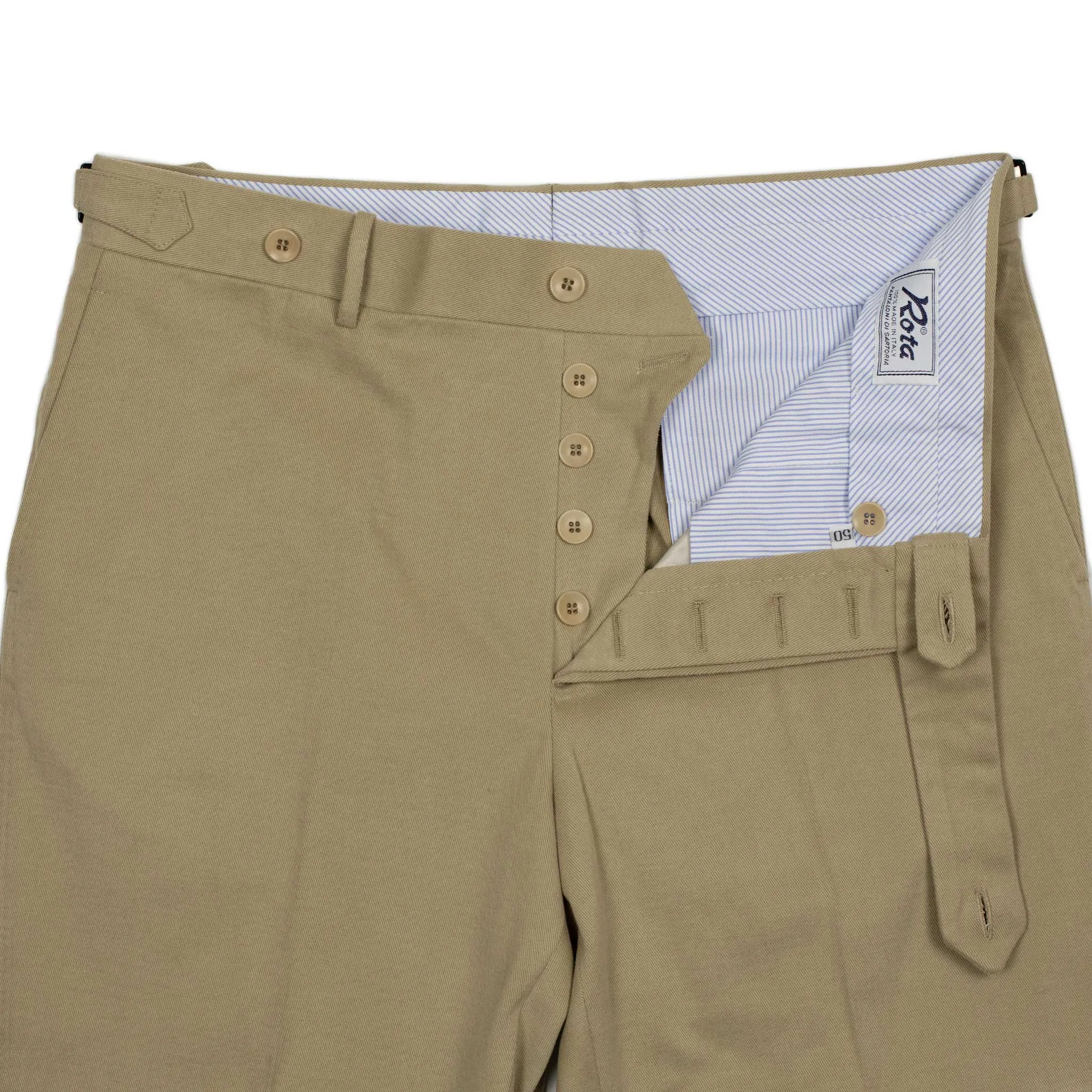 Higher-rise side tab trousers in beige cotton twill (restock)