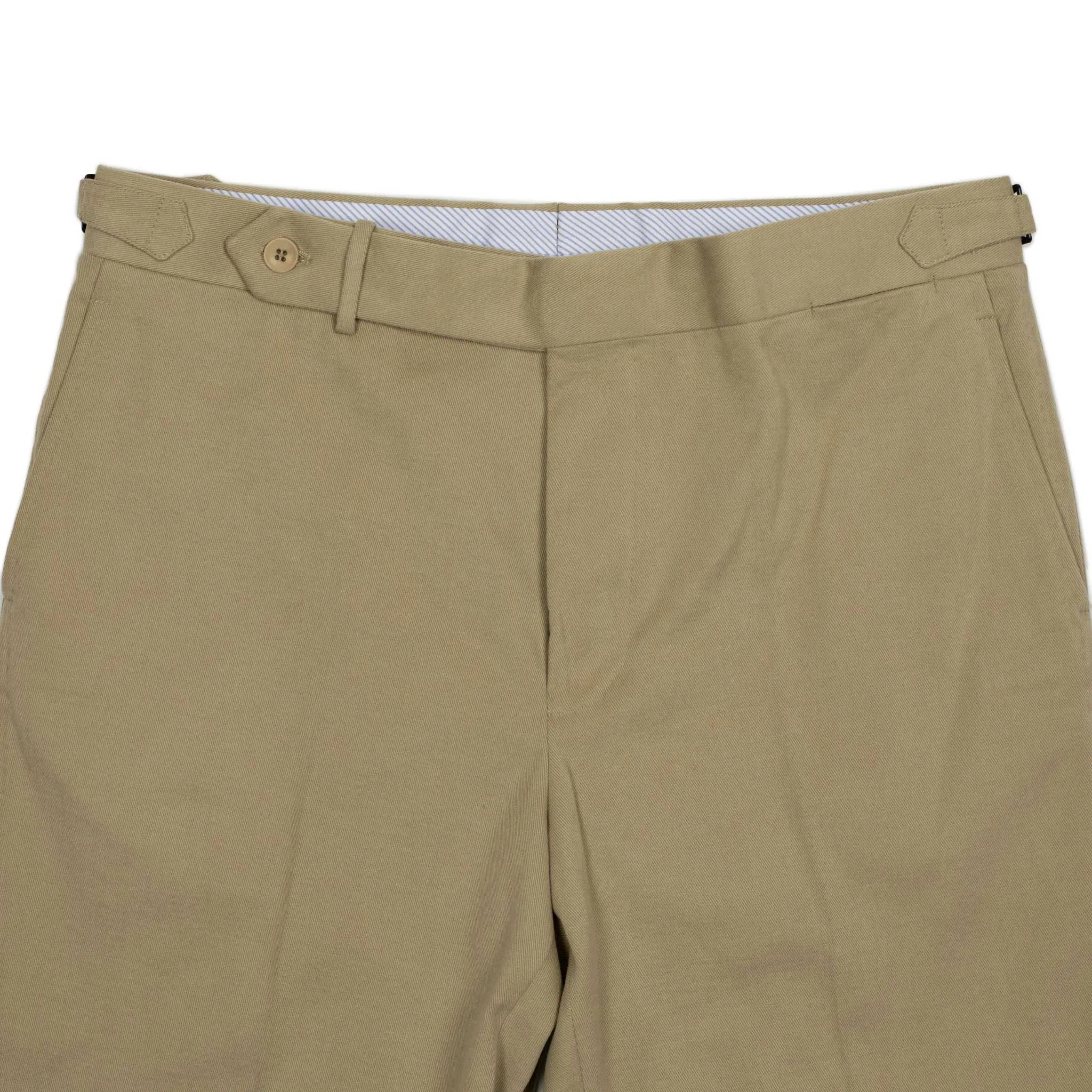 Higher-rise side tab trousers in beige cotton twill (restock)