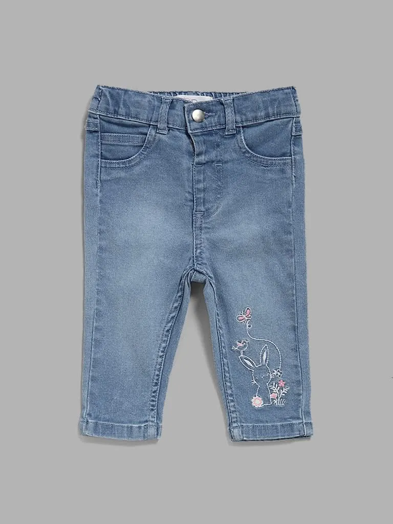 HOP Baby Embroidered Blue Relaxed - Fit Mid - Rise Denim Jeans