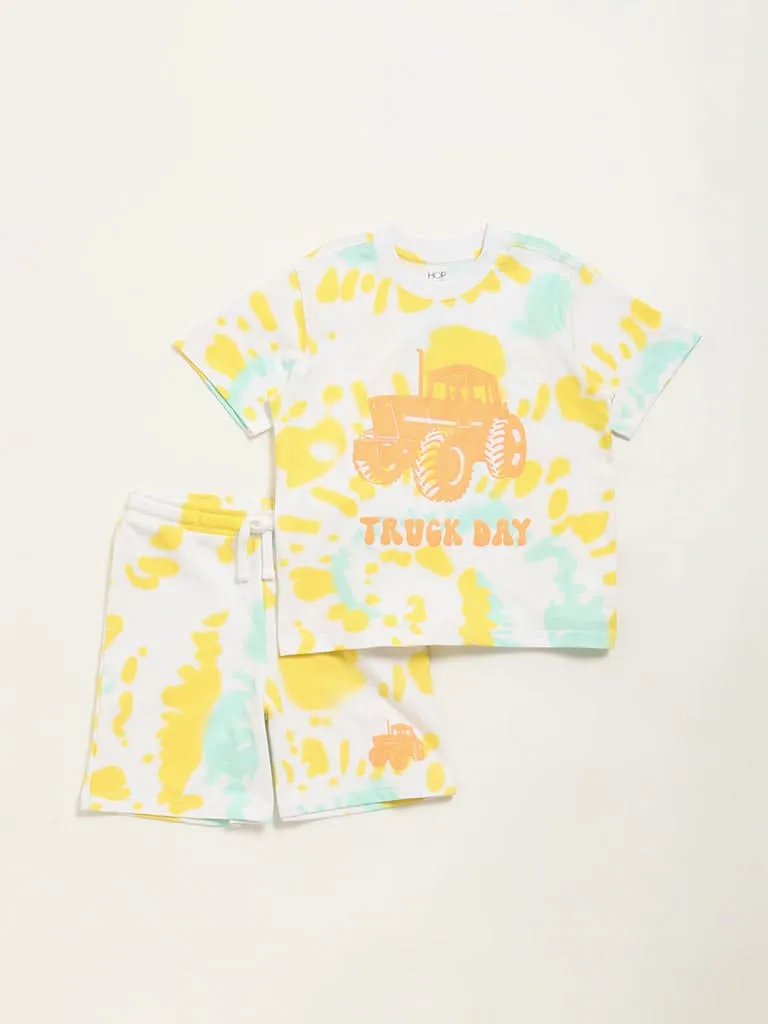 HOP Kids Yellow Splatter Printed Cotton T-Shirt & Shorts Set