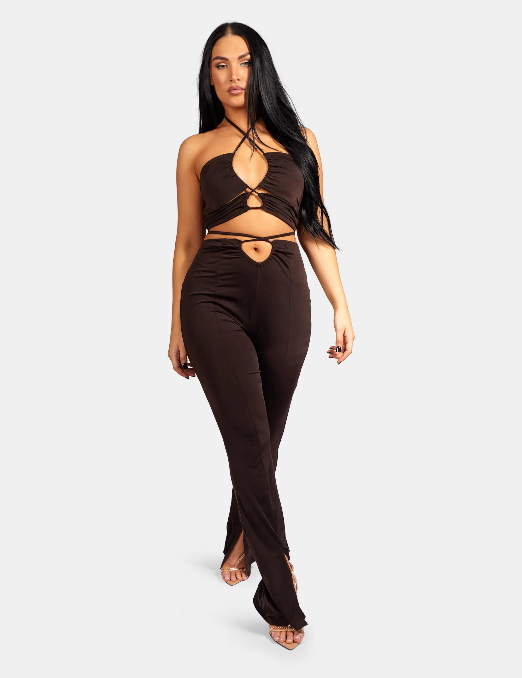 Loop Ruched High Waist Split Trousers Chocolate