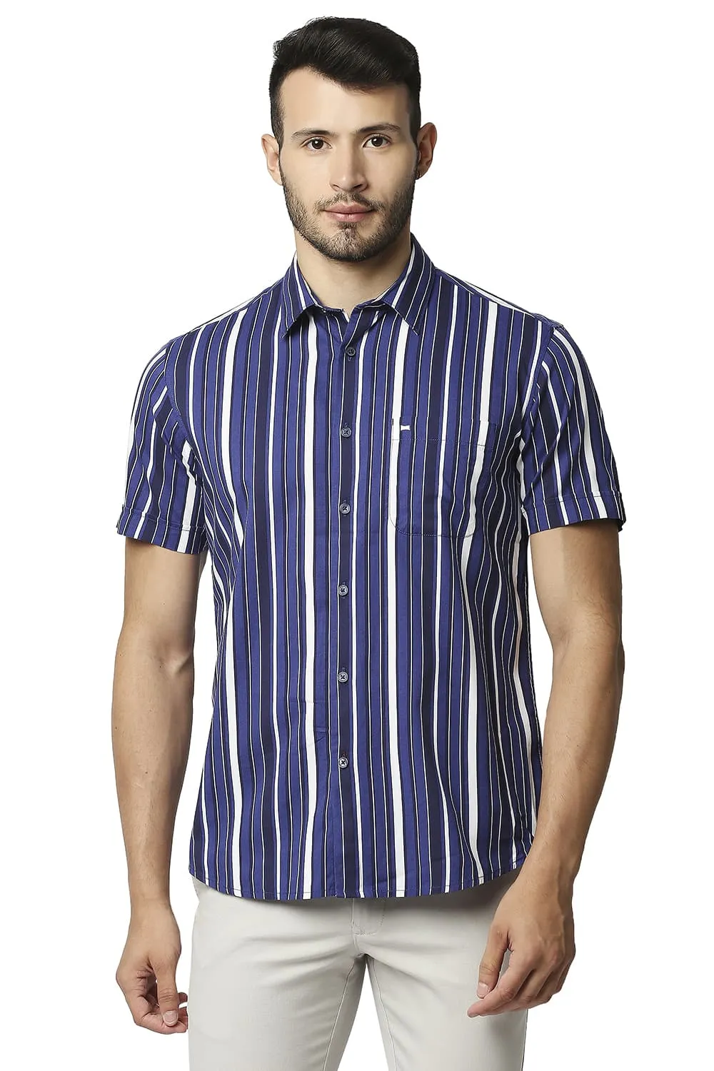 Slim Fit Cotton Viscose Printed Stripe Halfsleeves Shirt