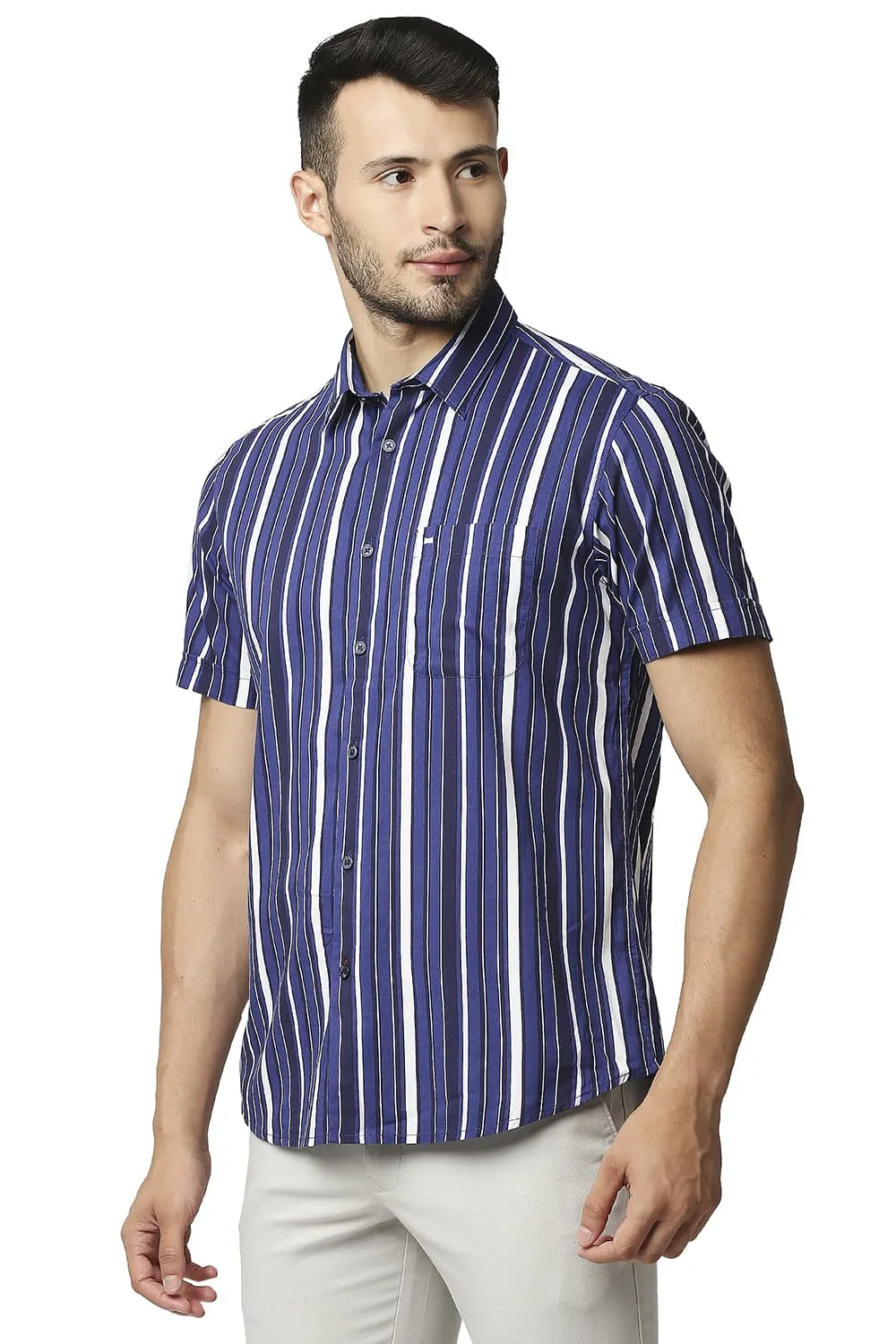 Slim Fit Cotton Viscose Printed Stripe Halfsleeves Shirt