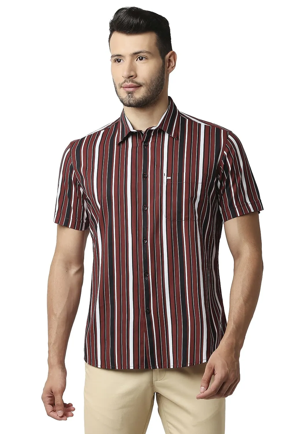 Slim Fit Cotton Viscose Printed Stripe Halfsleeves Shirt