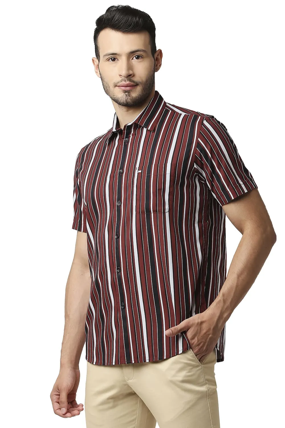 Slim Fit Cotton Viscose Printed Stripe Halfsleeves Shirt