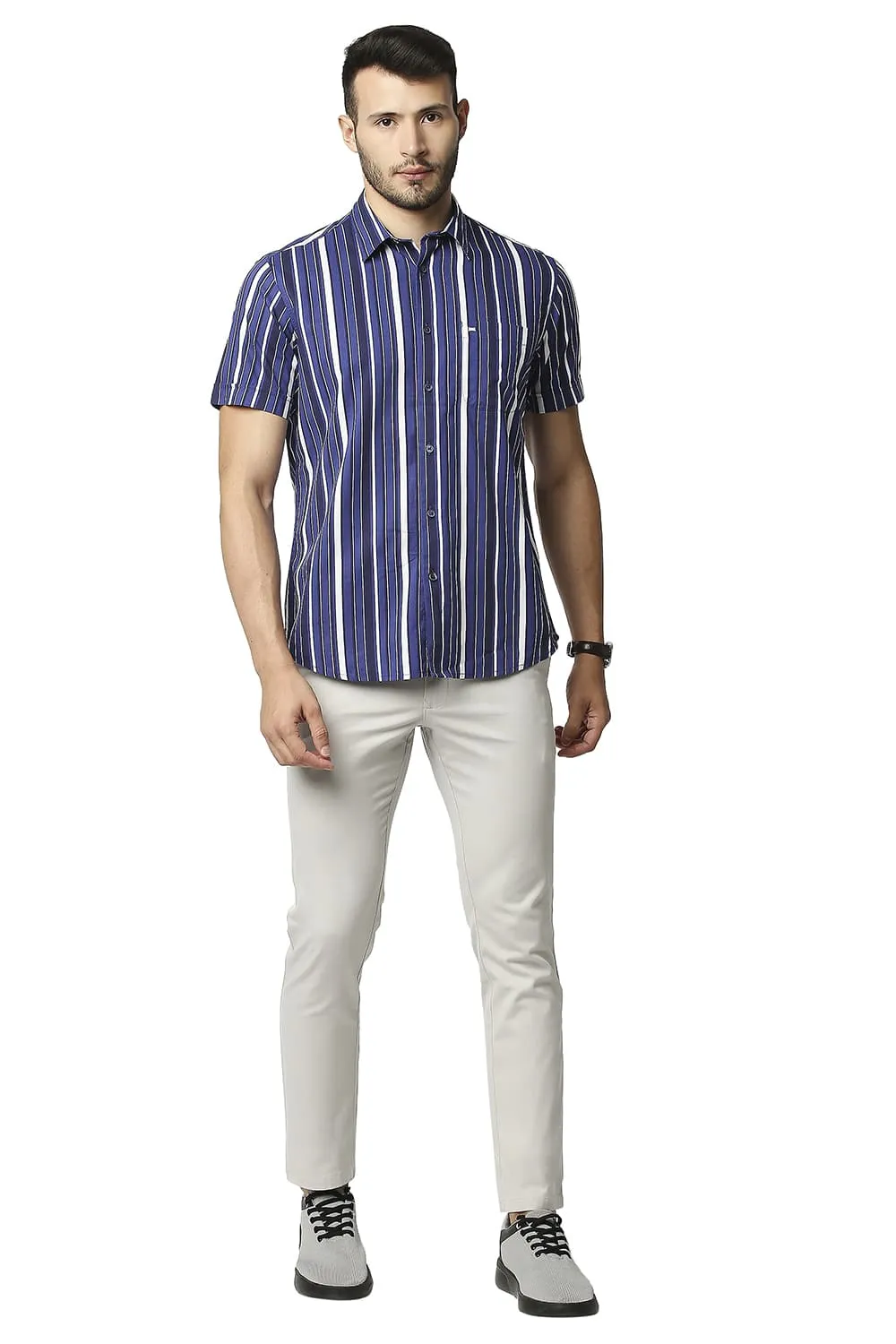 Slim Fit Cotton Viscose Printed Stripe Halfsleeves Shirt