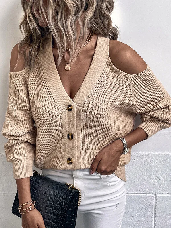 Trendy Tops Loose Solid Color V-Neck Cold Shoulder Cardigan Tops