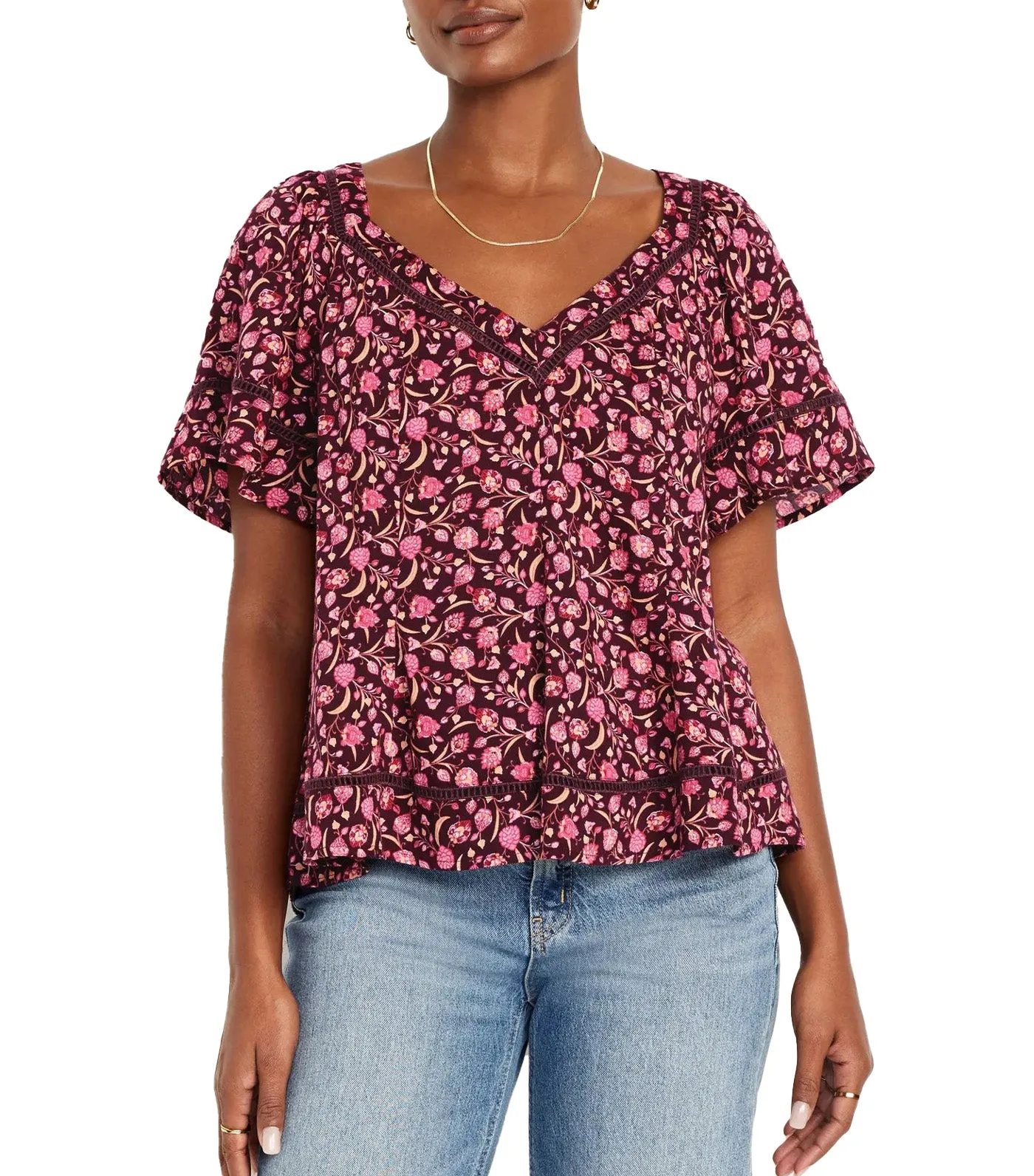 V-Neck Lace-Trim Top for Women Red Floral