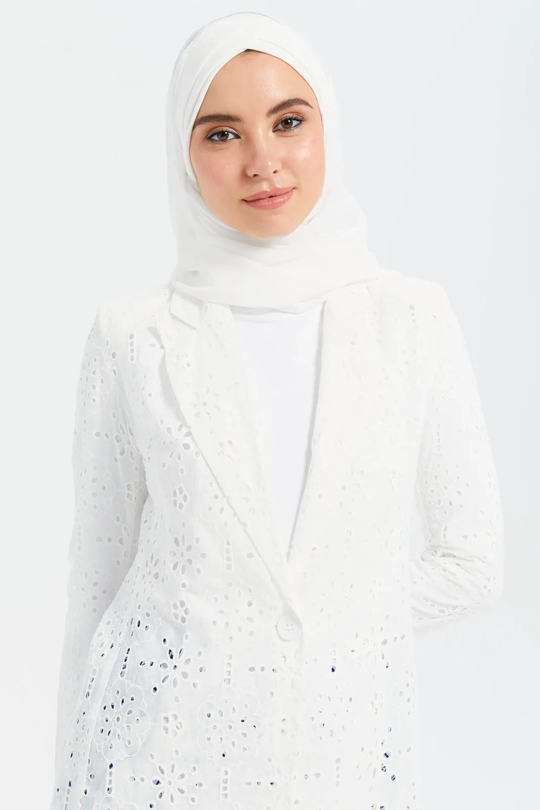 Women White Schiffli Blazer