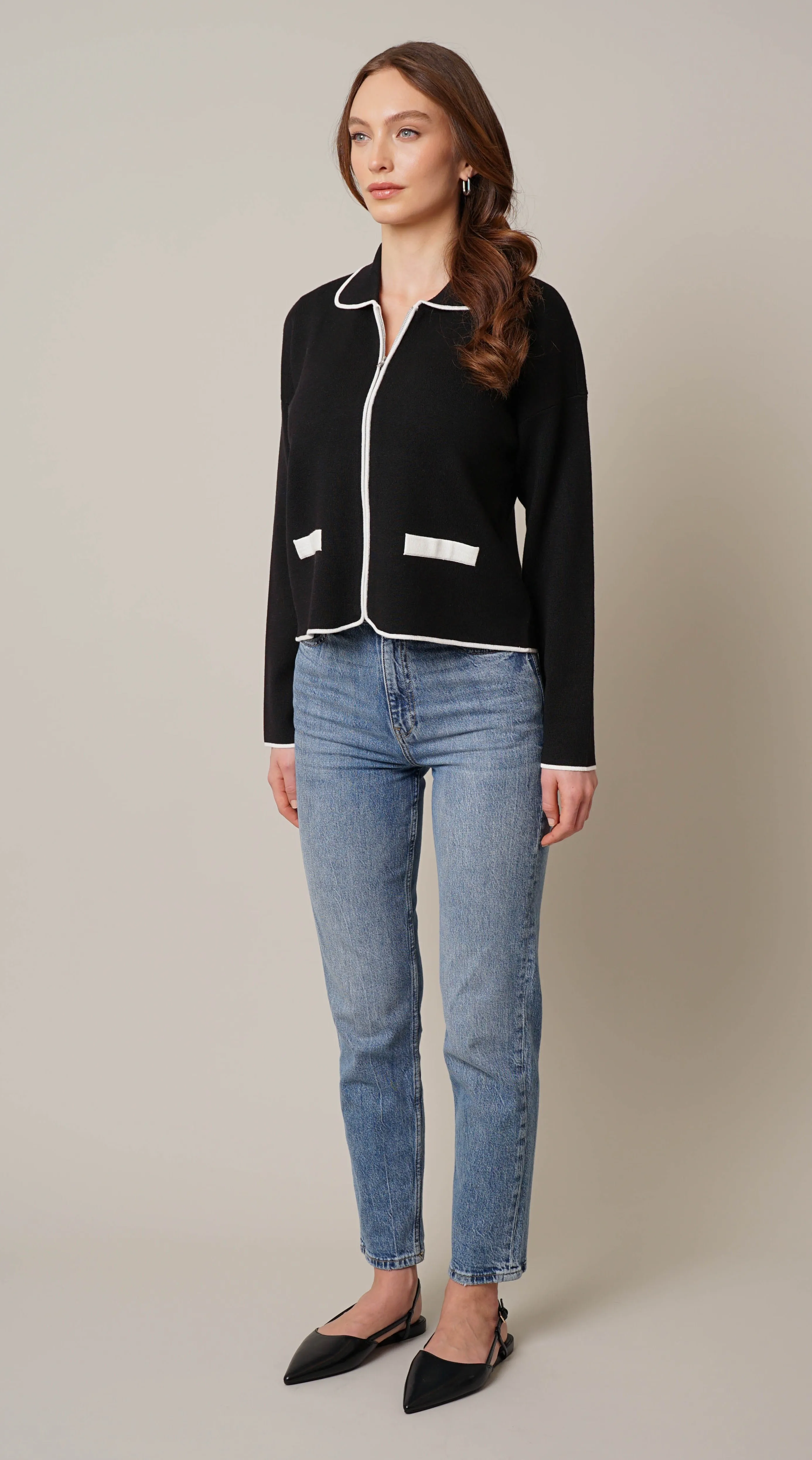 Zip-Up Cardigan with Tipping