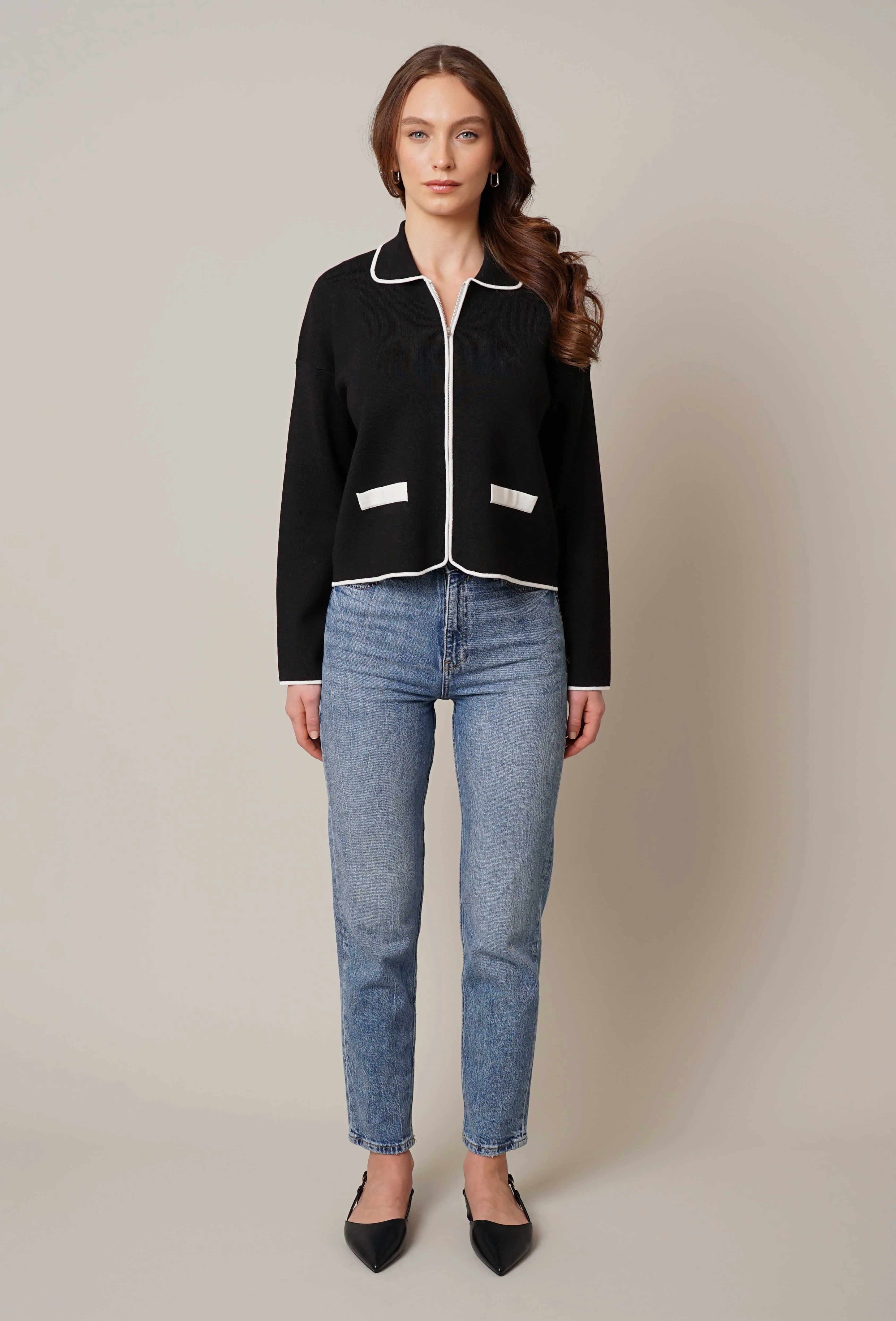 Zip-Up Cardigan with Tipping